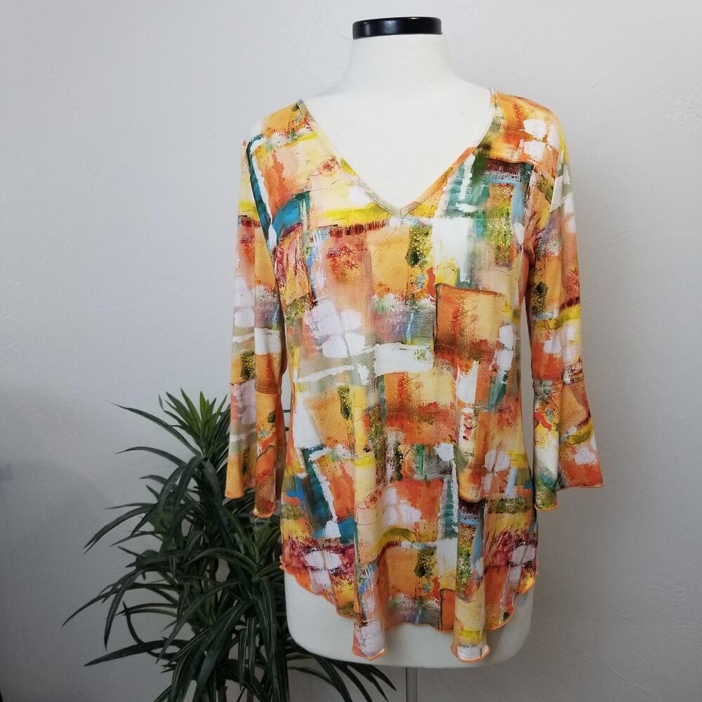 Sno Skins Shirt Womens Medium Orange Abstract Geometric Art Tunic Top Made USA